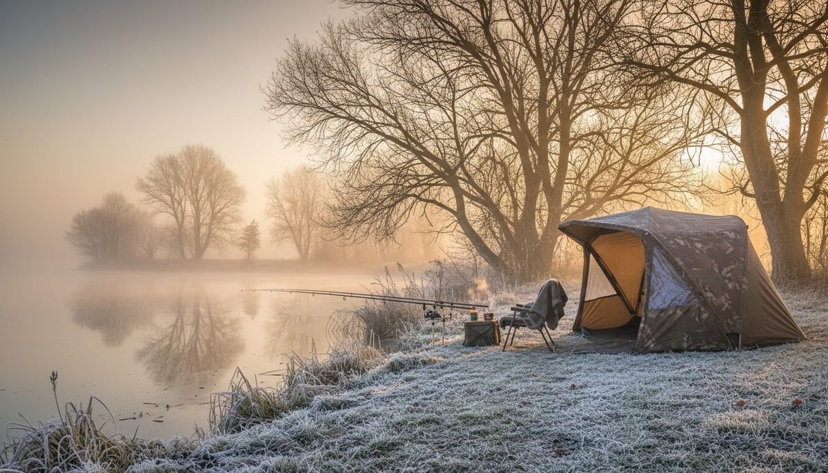 Autumn and winter carp session by a frosty lake